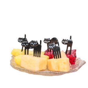 Set de 6 tenedores de frutas con diseño de gato negro para una mesa divertida