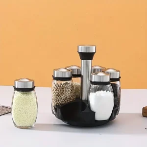 Organizador giratorio de especias con 6 frascos de vidrio para una cocina ordenada