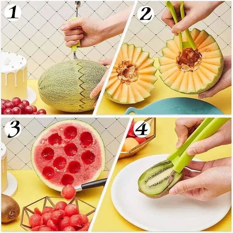 Juego de 3 herramientas para frutas: saca bolas y cortador ergonómico
