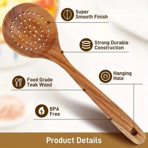 Colador de madera de teca con mango largo para una cocina elegante y funcional
