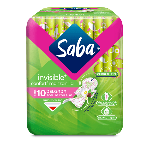Toallas Femeninas Saba Confort Manzanilla Delgada con Alas 10 Unidades