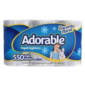 Papel Higiénico Adorable 550 Hojas Dobles Paquete de 6 Unidades Suave y Resistente